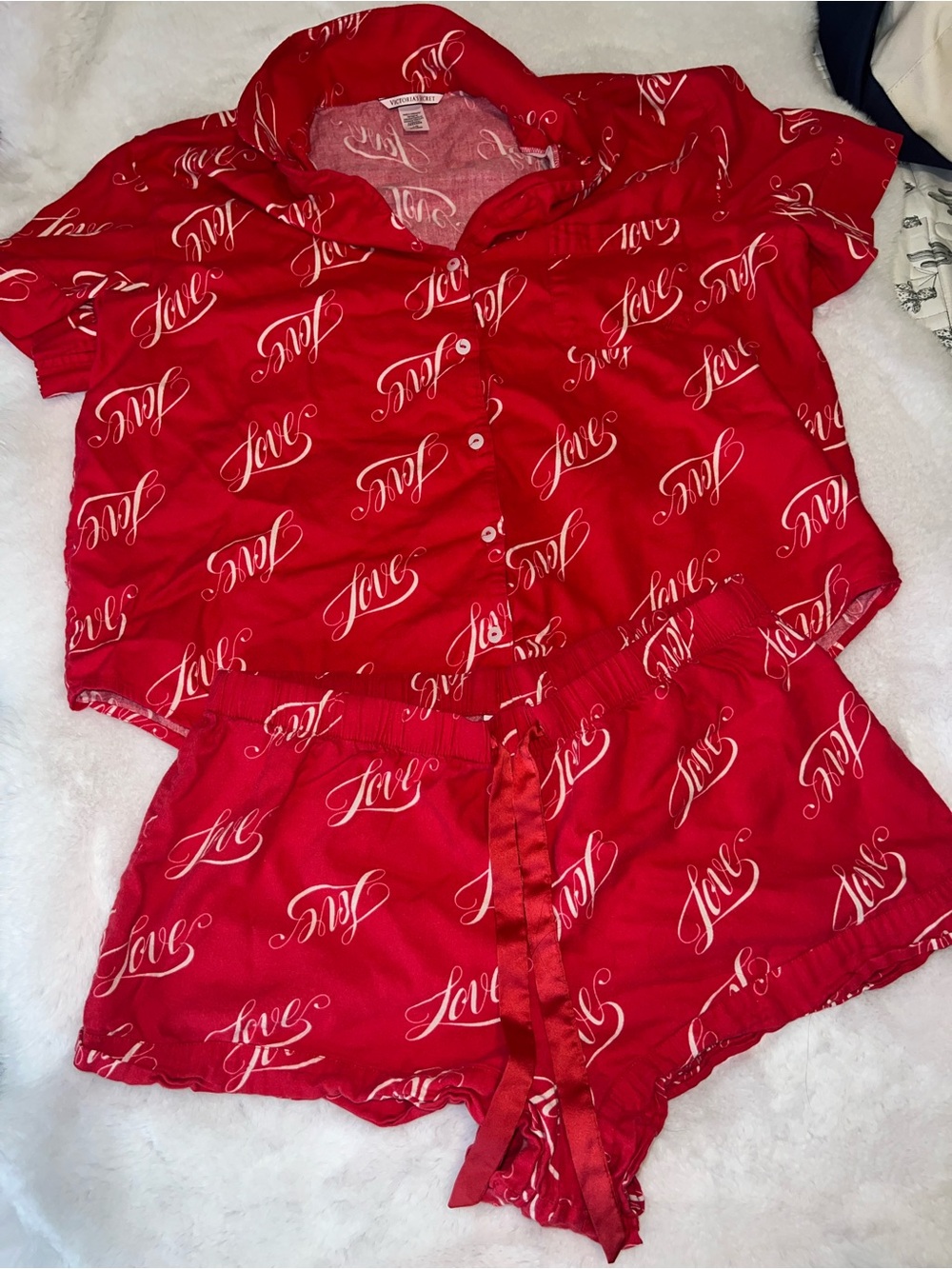 Victoria's Secret Red Short Pajama Set with White 'Love' Script